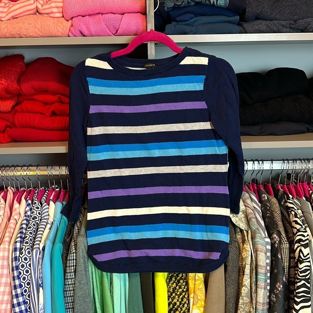 Talbots navy with blue/gray/purple stripes3/4 quarter length sleeve sweater XS